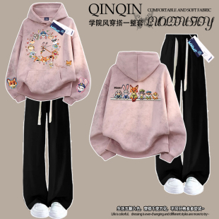 秋冬装女童扎染连帽卫衣长裤套装卡通疯狂动物城中大童保暖两件套