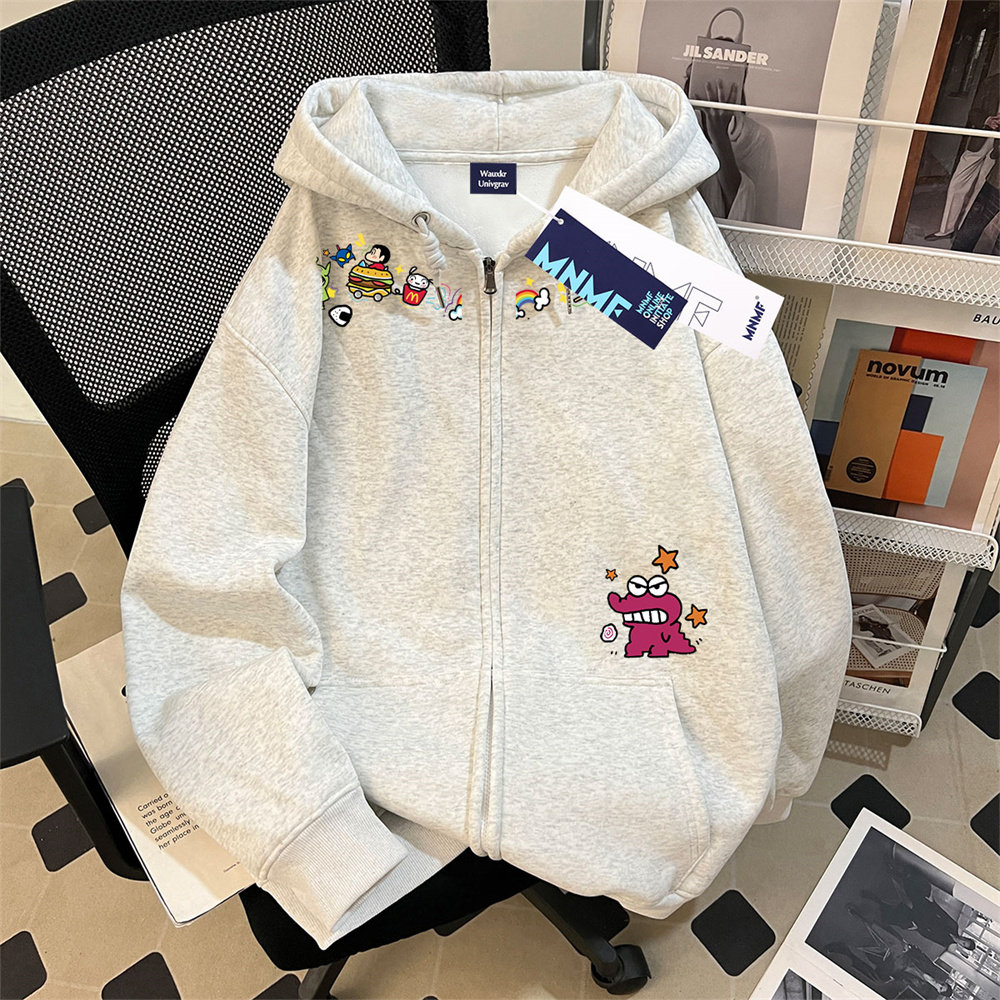 男女童开衫拉链连帽卫衣2026秋冬蜡笔小新印花中大童加绒加厚外套