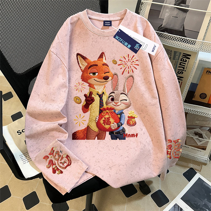 女童纯棉扎染长袖t恤2026新款卡通福气疯狂动物城中大童宽松上衣