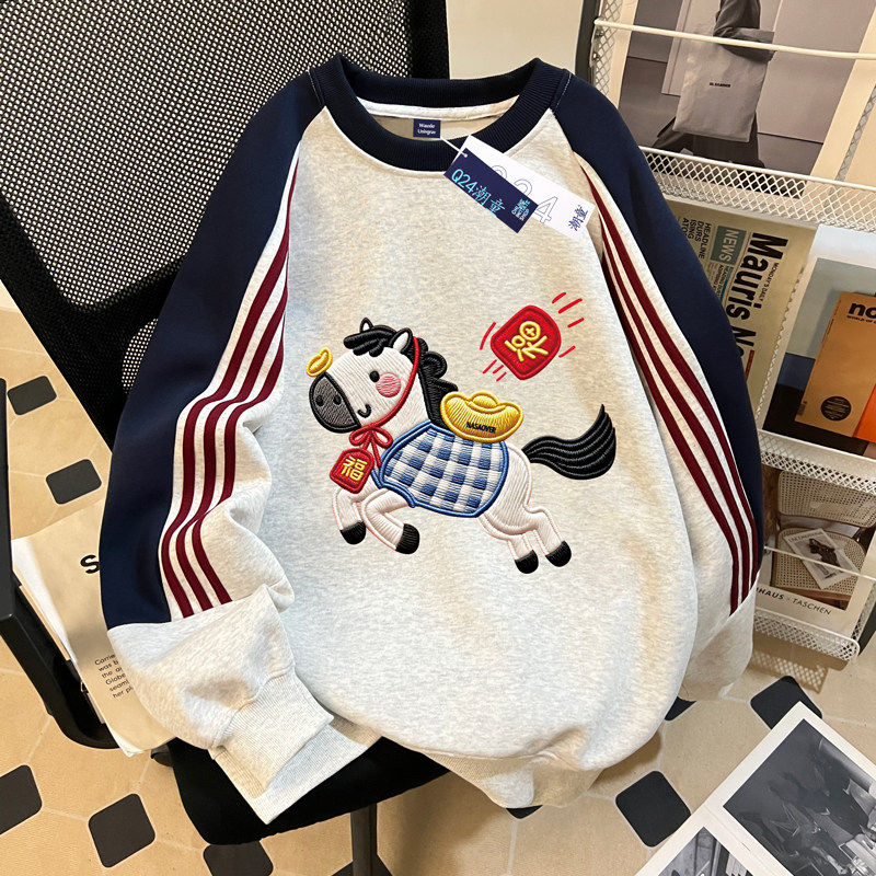 2026新款卡通女童小马拼接圆领卫衣中大童秋冬新款加绒三条杠上衣