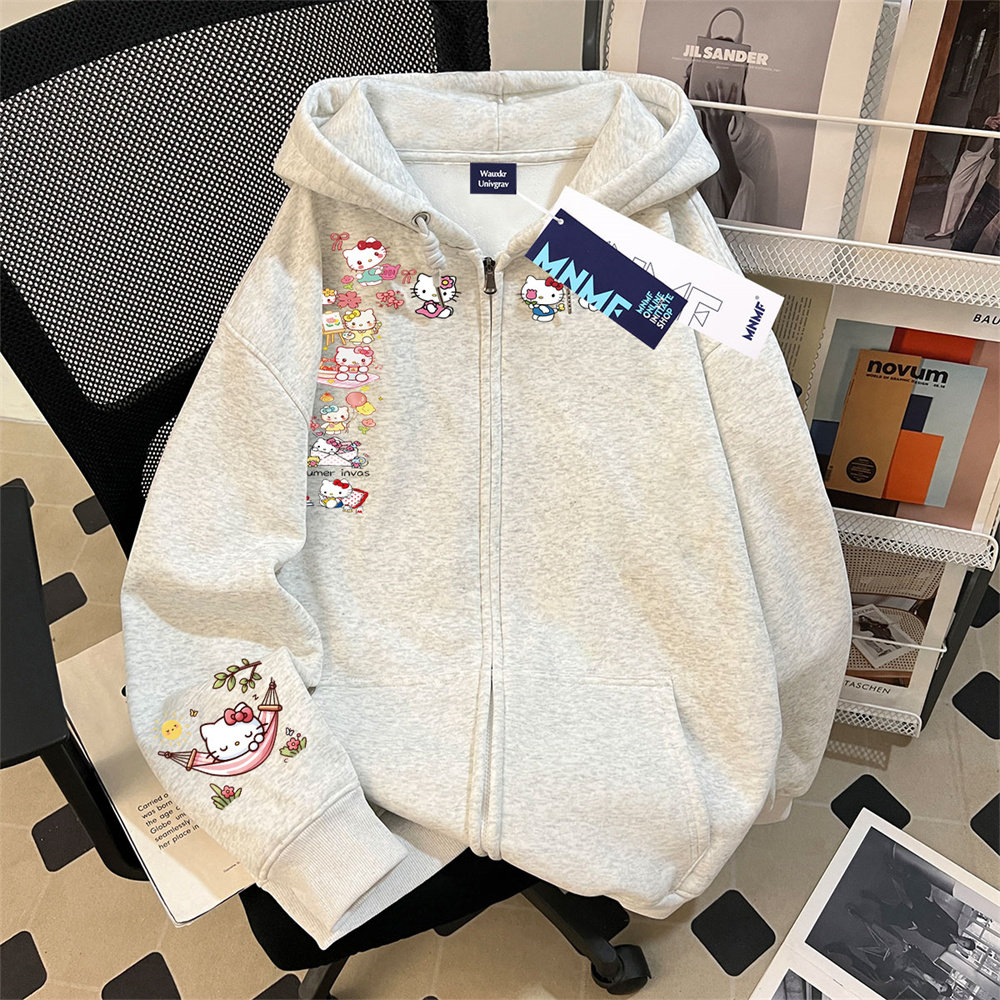 2026秋冬女童开衫拉链连帽卫衣韩系可爱小猫印花中大儿童休闲外套