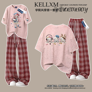 女童新款扎染纯棉短袖t恤甜美小猫女孩中大童宽松百搭休闲两件套