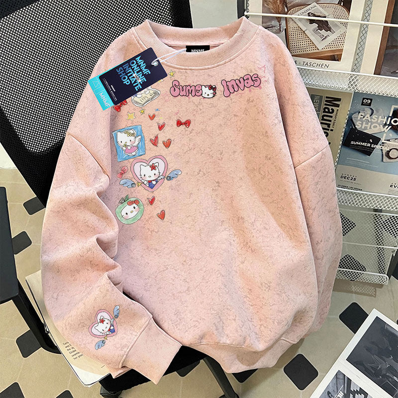 韩系ins可爱小猫女童秋冬新款宽松扎染圆领卫衣加绒加厚上衣潮