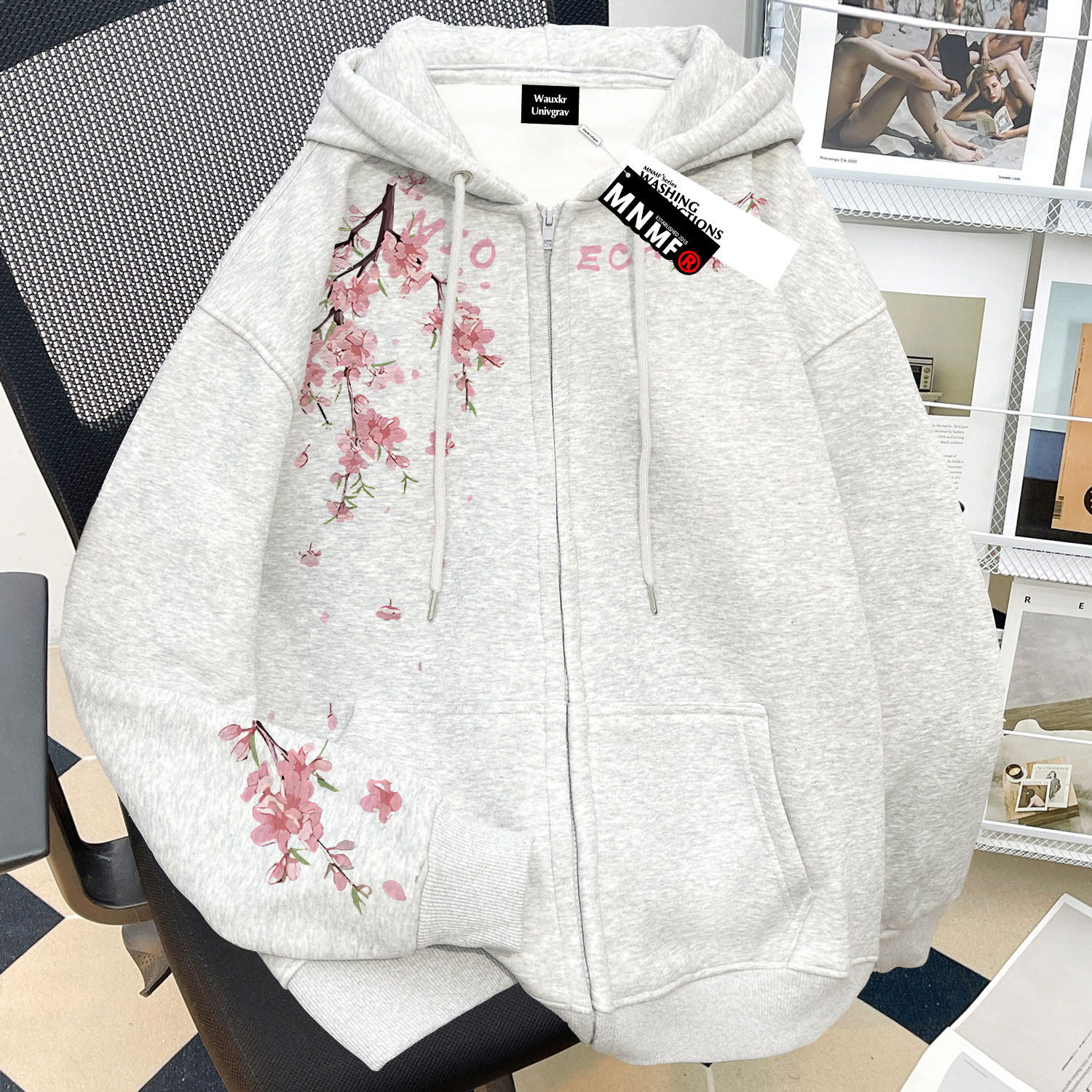 2025新款拉链连帽卫衣秋冬男女童洋气樱花印花中学生宽松百搭外套