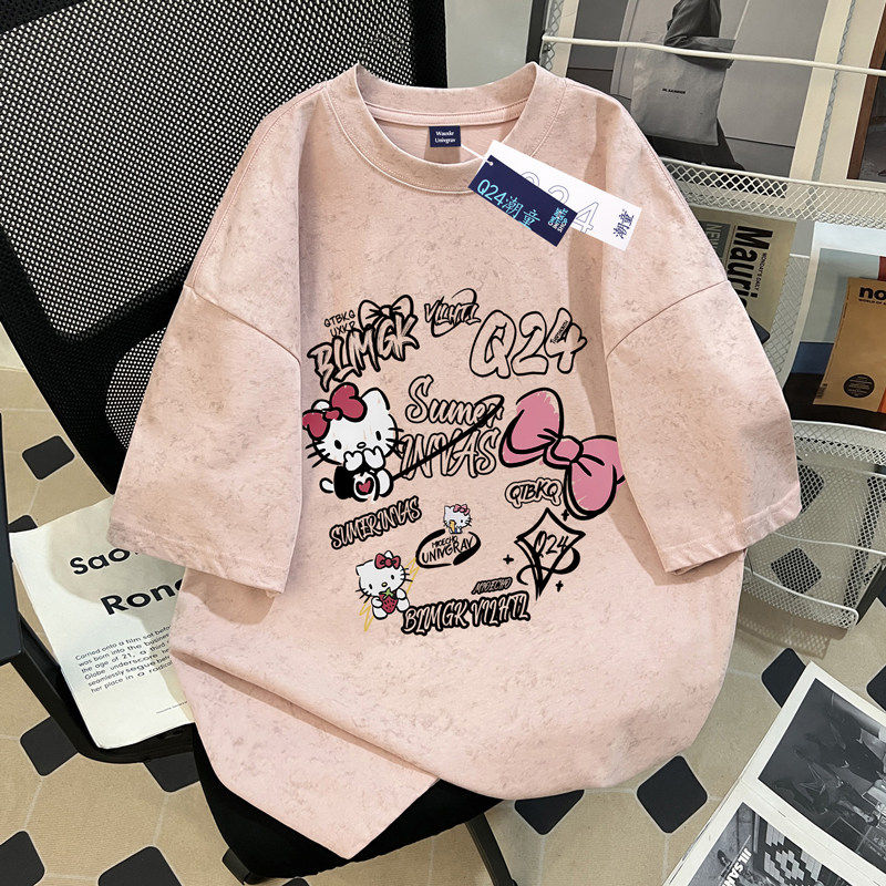 女童纯棉扎染短袖T恤夏季2026款洋气卡通小猫印花中大童半袖上衣