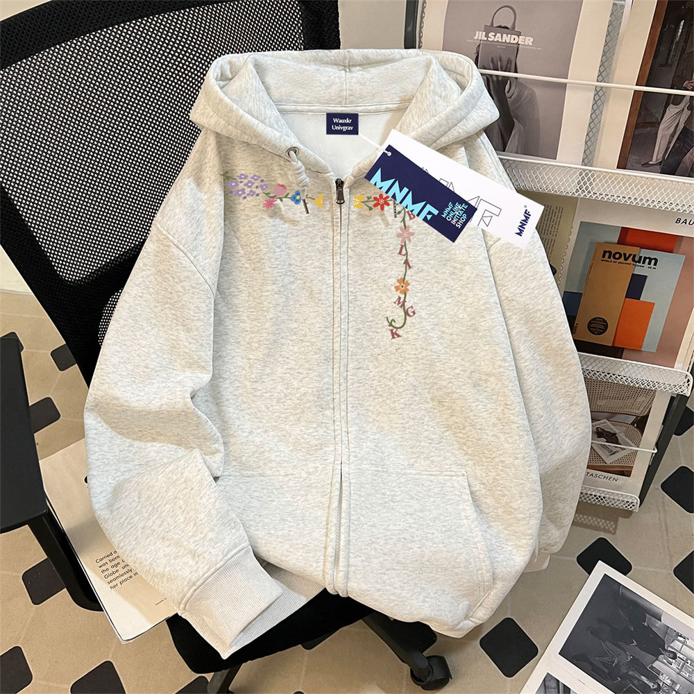 冬季2026新款加绒加厚拉链连帽卫衣男女童洋气小花印花中学生上衣