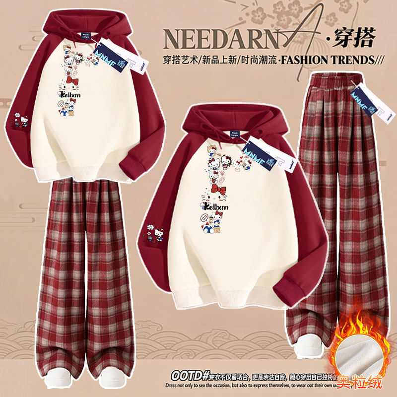 甜美可爱小猫印花女童秋季加绒插肩连帽卫衣长裤初中生百搭套装