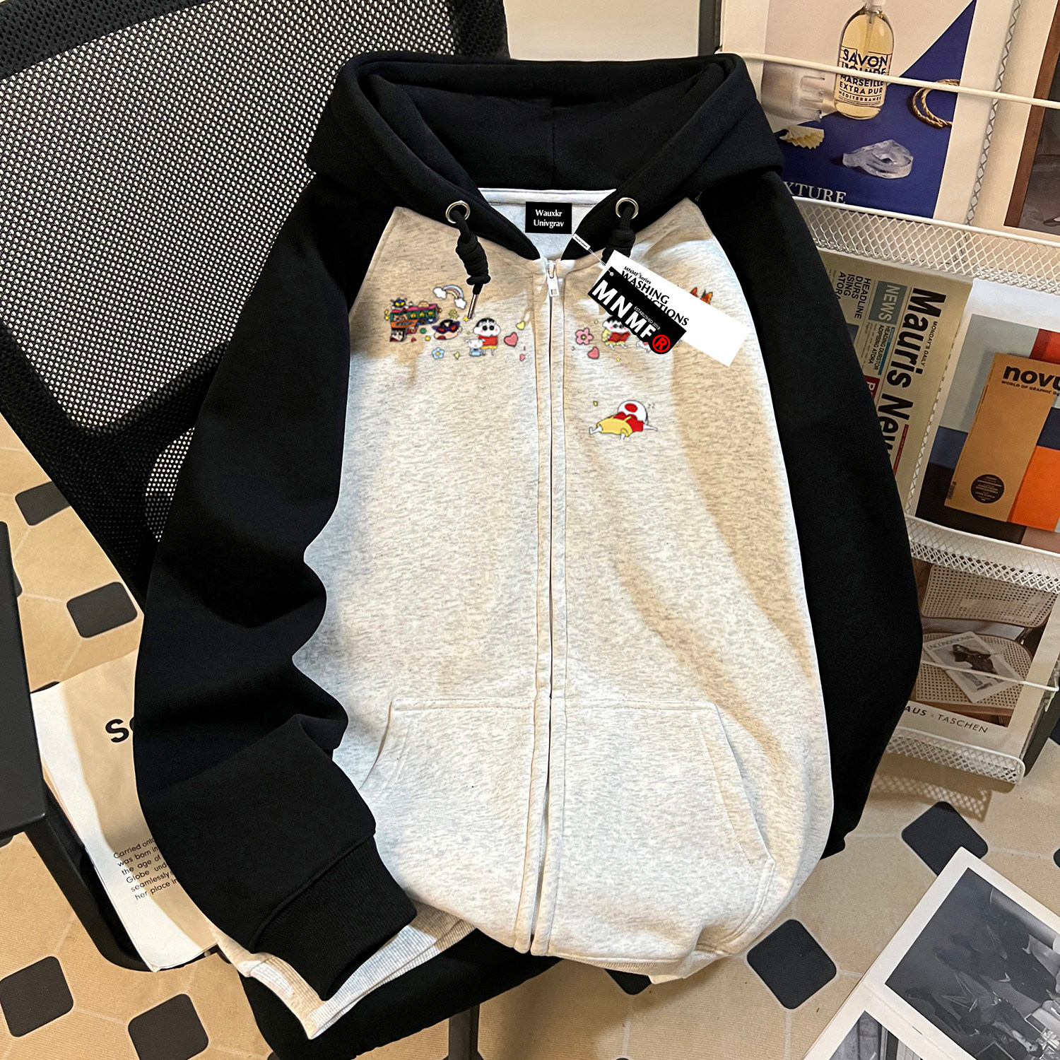 美式ins秋冬季男童插肩拉链连帽卫衣卡通蜡笔小新中大童上衣外套