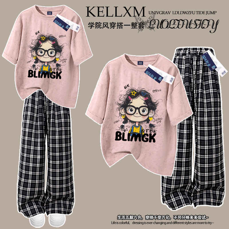 女童夏季纯棉扎染短袖T恤套装卡通女孩印花中大童格子裤两件套潮