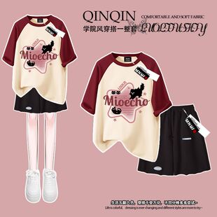 夏季女童潮牌韩版甜酷猫咪印花100%纯棉短袖t恤短裤套装中大童ins