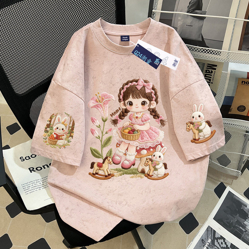 仿刺绣女童扎染短袖T恤夏季新款兔子女孩洋气中大童纯棉宽松上衣