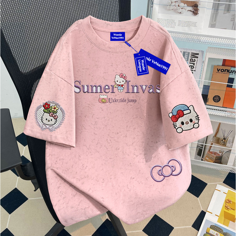 可爱卡通洋气小猫印花2026夏季新款女童纯棉扎染短袖T恤休闲上衣