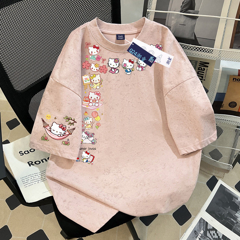 洋气小猫女童扎染短袖T恤洋气2026夏季款中大童纯棉宽松半袖上衣