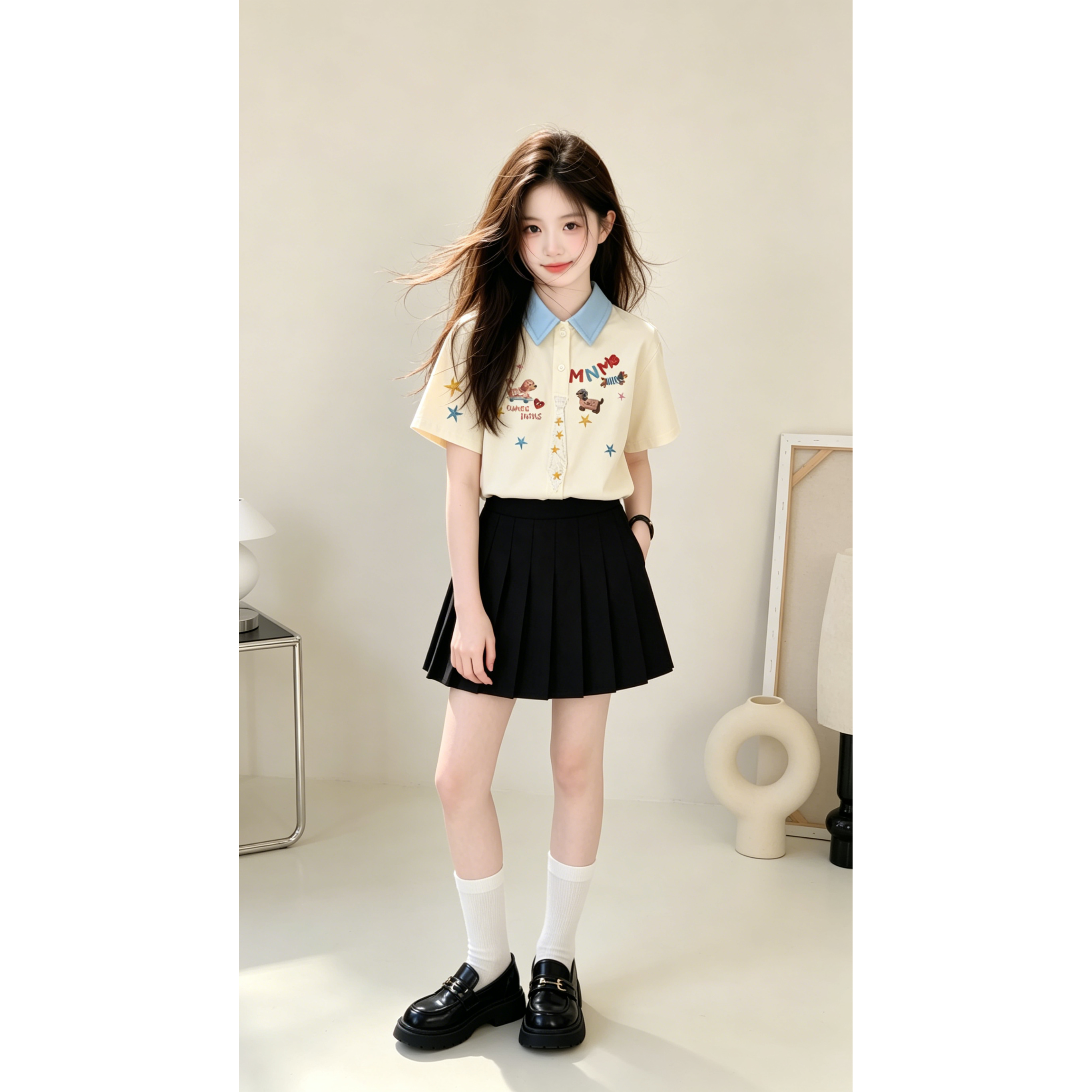 女童纯棉POLO衫短袖设计感字母印花夏季新款中大童百搭裙子两件套