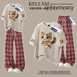 仿刺绣女童夏季纯棉扎染短袖t恤格子裤中大童可爱猫猫百搭两件套
