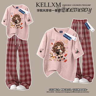 夏季款女童扎染纯棉短袖t恤套装洋气小猫女孩潮中大童卡通两件套