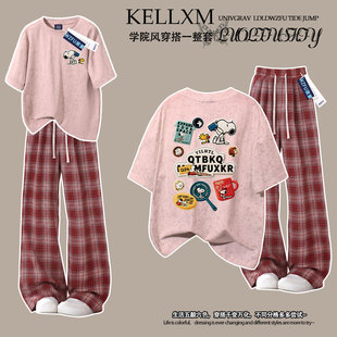 女童扎染纯棉短袖t恤国潮ins卡通小狗印花中大童百搭格子裤两件套