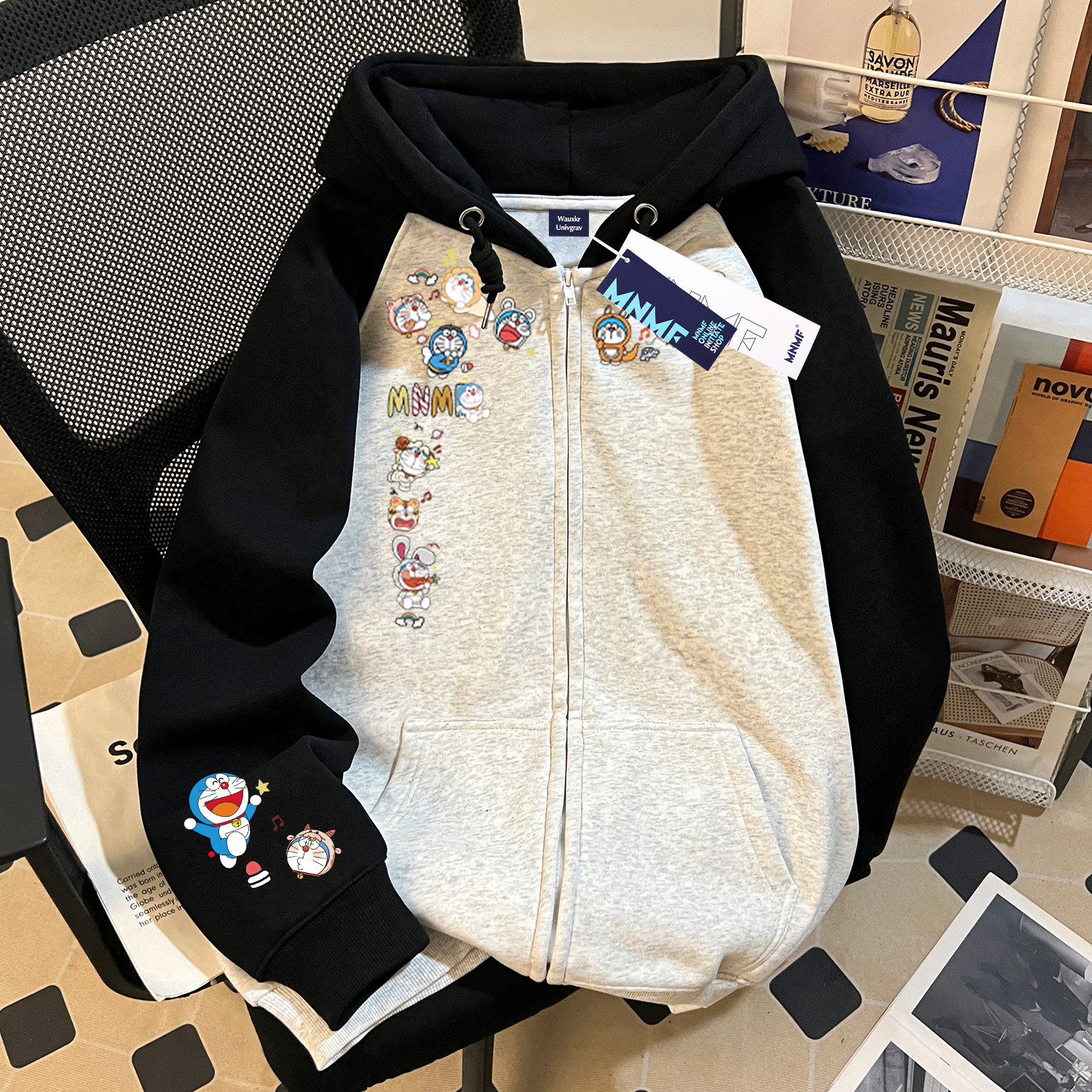 卡通哆啦A梦印花男童插肩拉链连帽卫衣潮牌百搭秋冬季中大童上衣