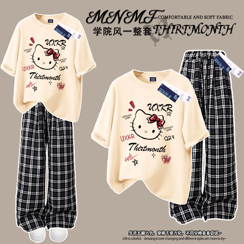 女童纯棉短袖T恤套装夏季新款洋气小猫中大儿童格子长裤两件套潮