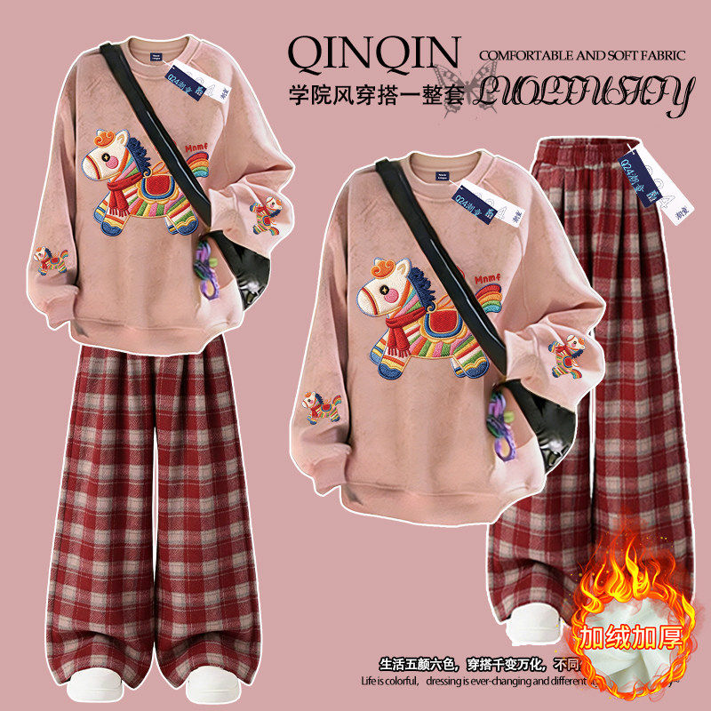 女童扎染圆领卫衣套装马年2026新款中大童加绒红色格子裤两件套潮