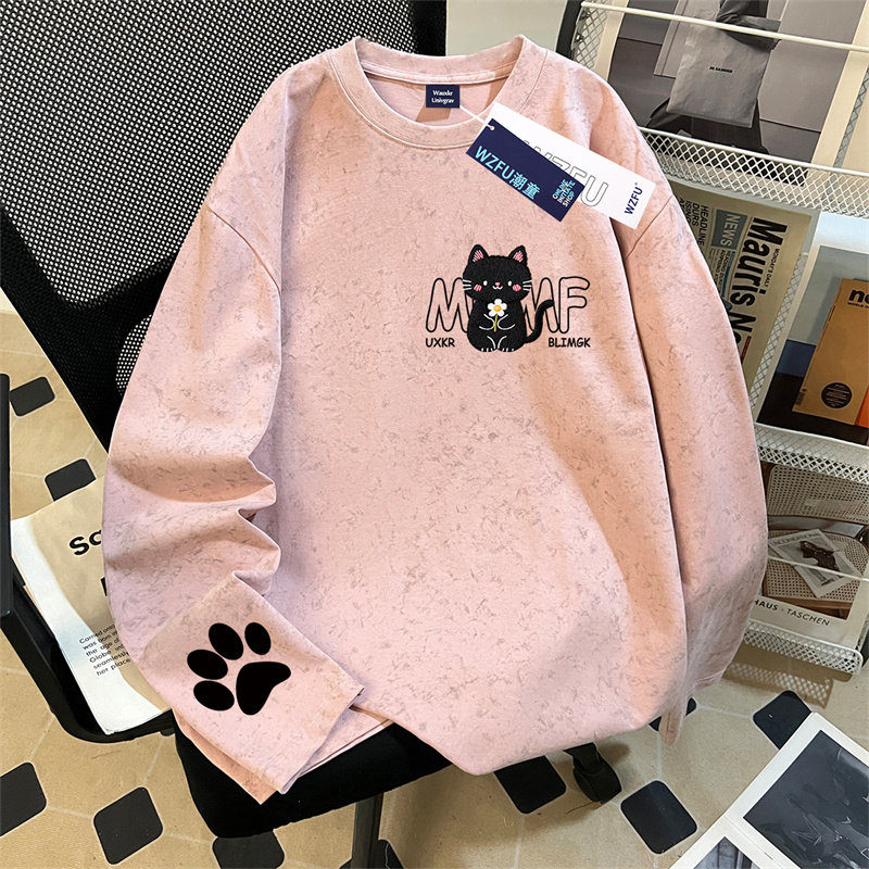 可爱卡通小猫印花2026春秋款女童纯棉扎染圆领长袖t恤中大童上衣