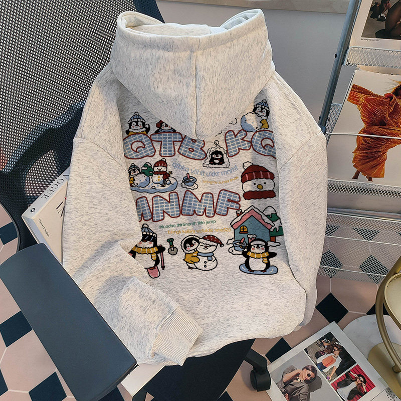 秋冬韩系可爱小企鹅连帽卫衣男女童新款加绒加厚宽松休闲学生上衣