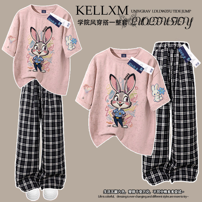 女童扎染短袖T恤格子裤套装卡通朱迪印花中大童夏季纯棉两件套潮