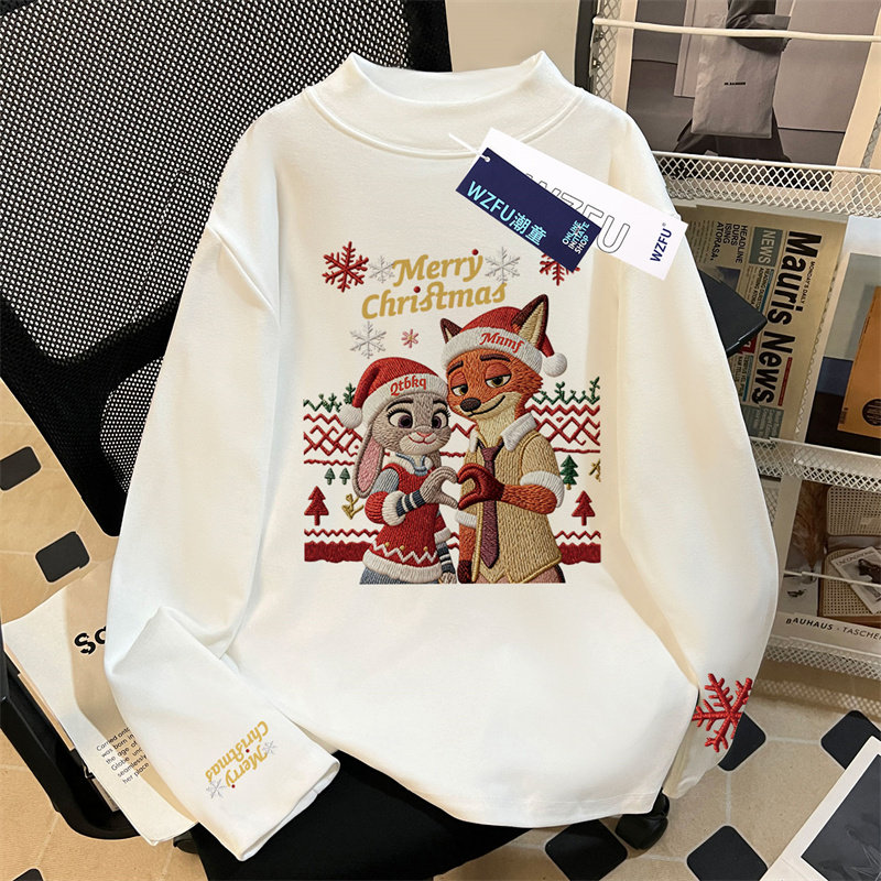 2026新款卡通疯狂动物城男女童德绒半高领长袖t恤学生中大童上衣