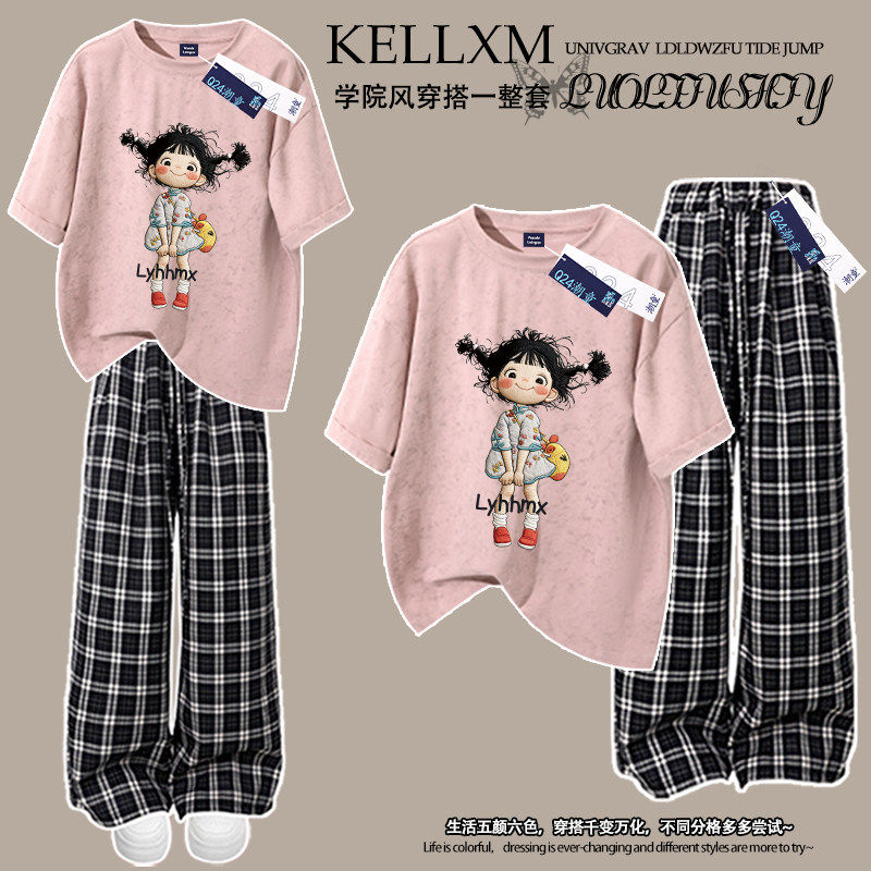 仿刺绣女孩印花女童扎染短袖格子裤套装中大童夏季纯棉T恤两件套