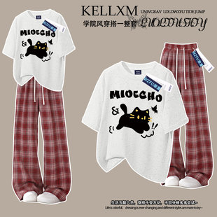 夏季新款女童纯棉扎染短袖t恤格子裤卡通小猫印花中大童休闲套装