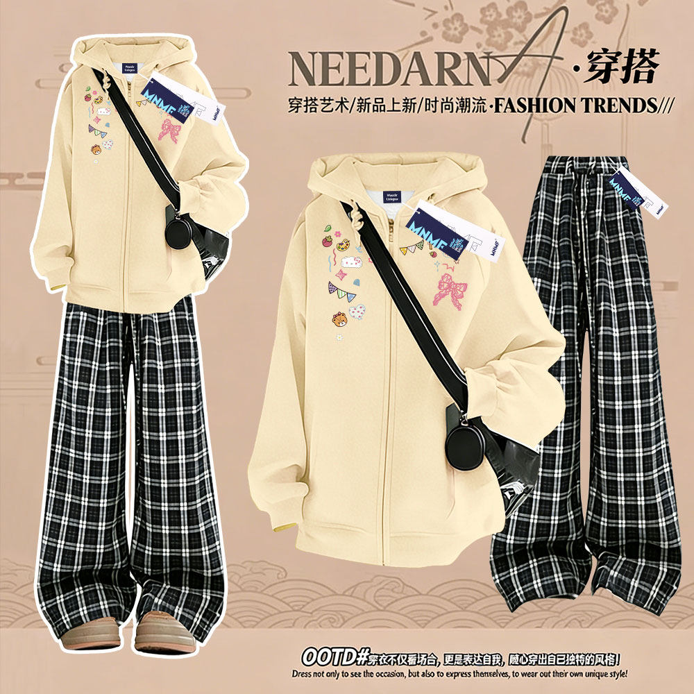 女童创意简约潮卡通秋冬加绒开衫拉链连帽卫衣格子长裤中大童套装