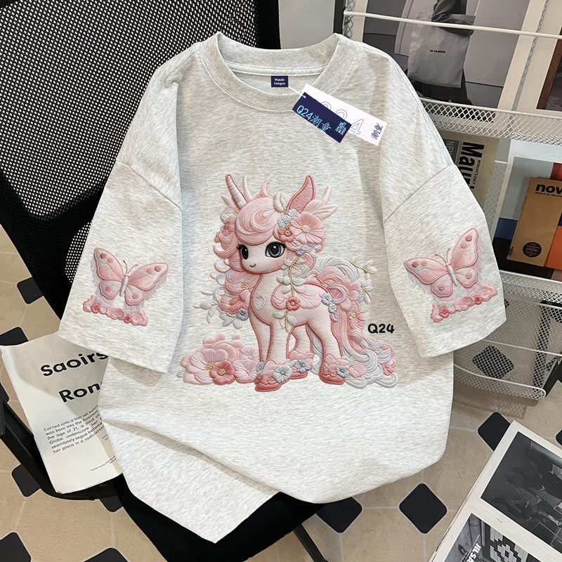 夏季2026新款女童纯棉短袖T恤仿刺绣卡通独角兽中大童宽松上衣服