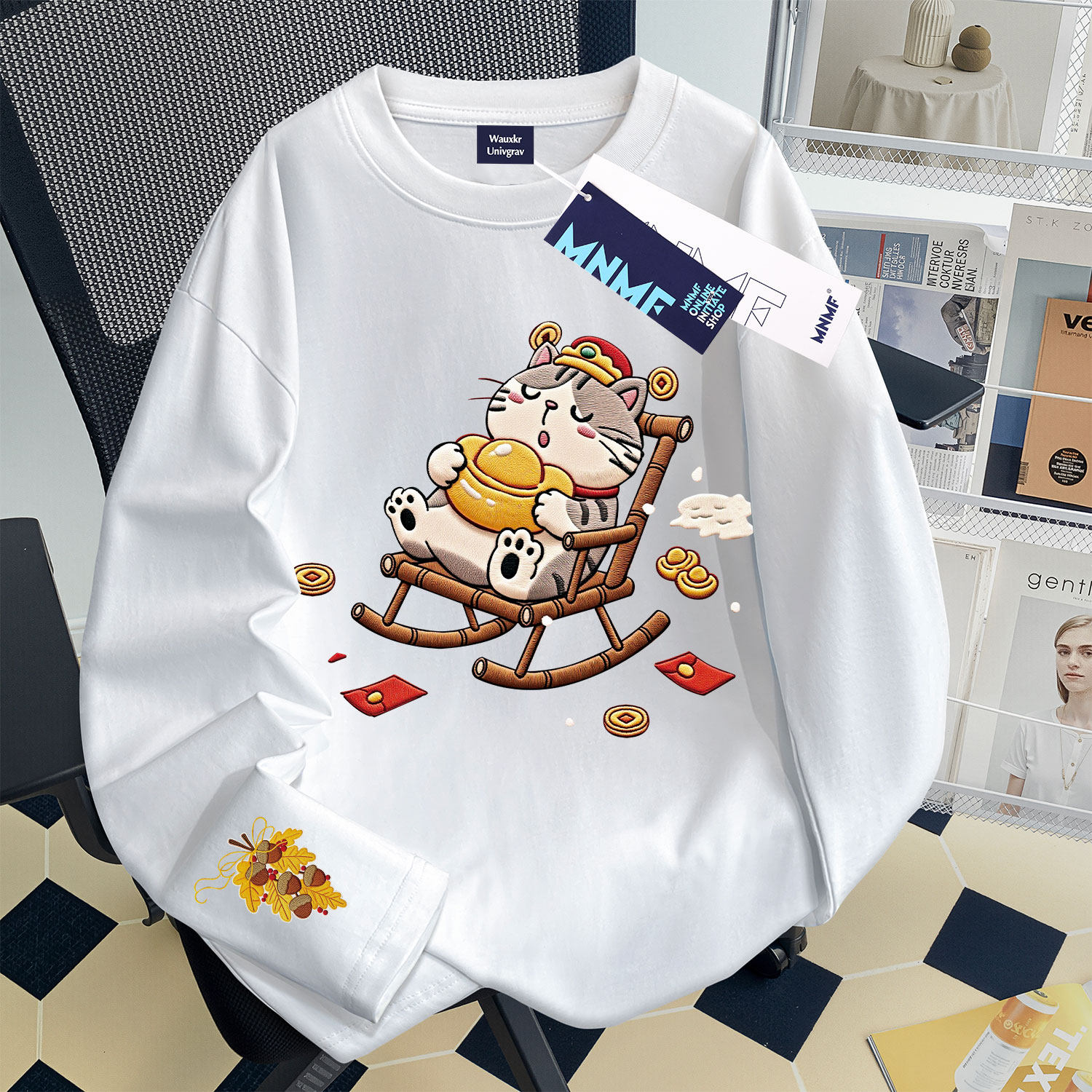 2026男女童可爱发财猫印花纯棉长袖T恤宽松百搭中大童打底衫上衣