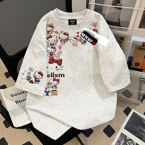 夏季奶白蝴蝶结萌猫印花纯棉T恤