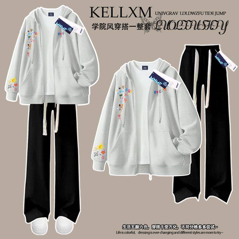 美式设计感花卉印花女童加绒拉链连帽卫衣套装秋冬小众百搭初中生