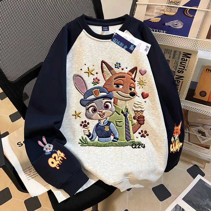 疯狂动物城男女童圆领卫衣春秋冬新款中大童百搭仿刺绣加绒上衣服