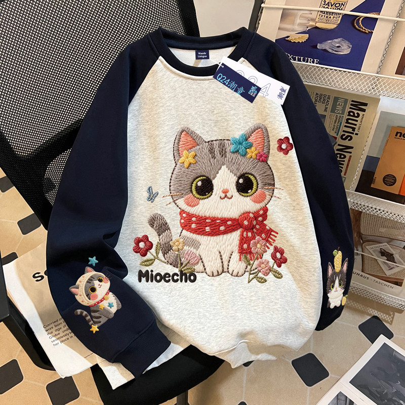仿刺绣猫咪印花女童插肩圆领卫衣
