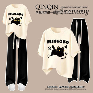 女童纯棉短袖T恤套装夏季新款卡通小猫印花中大童休闲长裤两件套