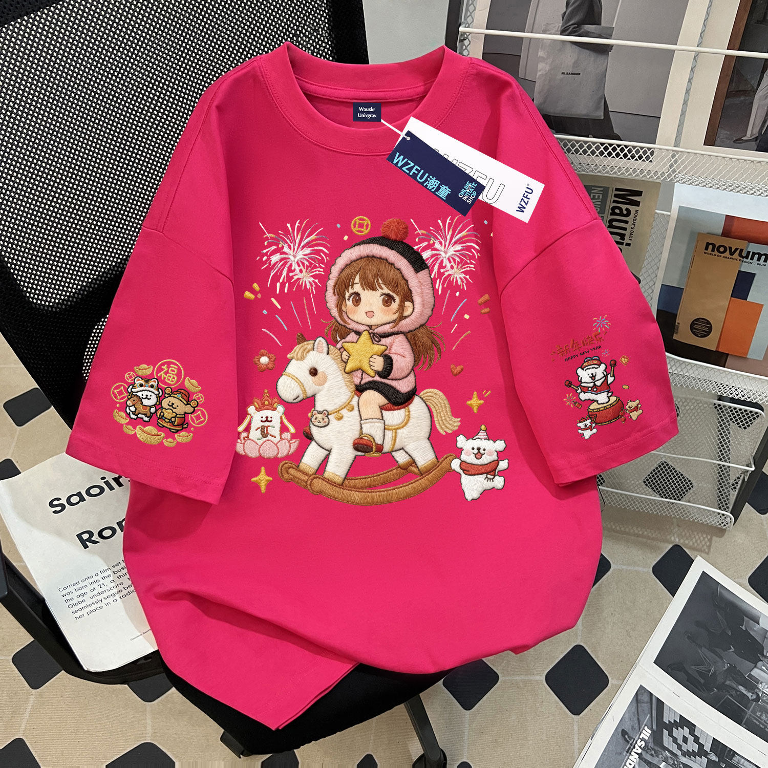 女童夏季新款纯棉短袖t恤仿刺绣新年女孩线条小狗中大童洋气上衣