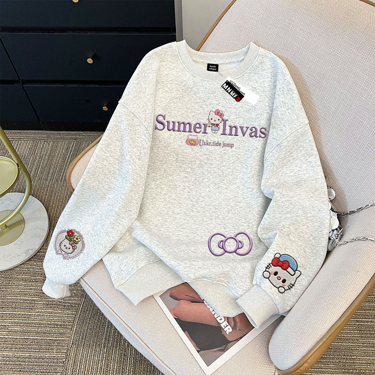 女童加绒圆领卫衣潮卡通小猫字母印花2025冬季新款宽松中大童上衣