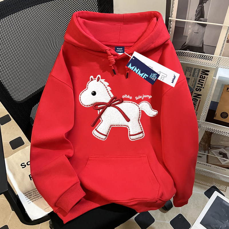女童本命年红色连帽卫衣春秋2026新款马年洋气中大童加绒冬季上衣