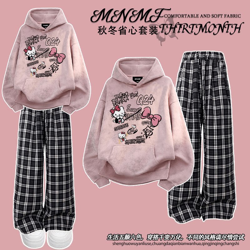 秋冬新款女童学院风kity猫扎染连帽卫衣套装韩系休闲格子裤两件套