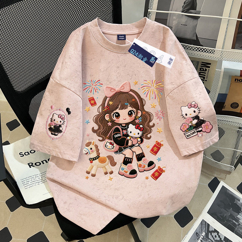 女童圆领扎染纯棉短袖T恤2026夏季款洋气小猫女孩中大童半袖上衣