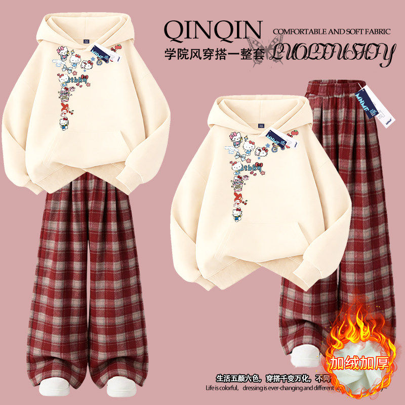 可爱小猫女童连帽卫衣套装秋冬加绒加厚中大儿童上衣格子裤两件套
