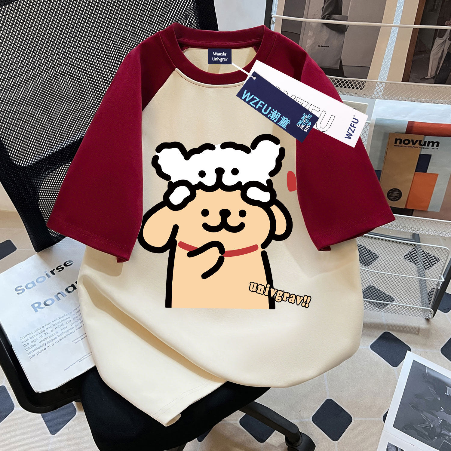夏季新款女童纯棉插肩短袖T恤卡通线条小狗中大童韩版百搭上衣服