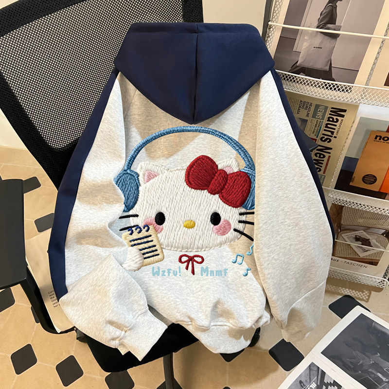 女童插肩连帽卫衣春秋冬2026新款中大童加绒仿刺绣卡通休闲风上衣