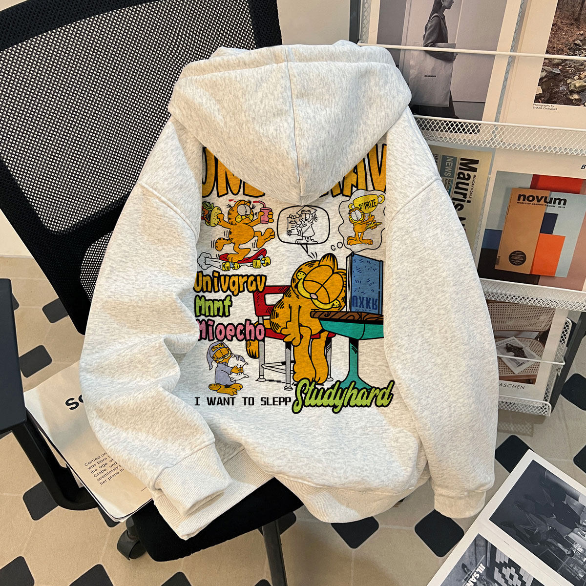 潮牌男女童秋冬新款加菲猫咪印花加绒连帽卫衣初中生百搭时髦上衣