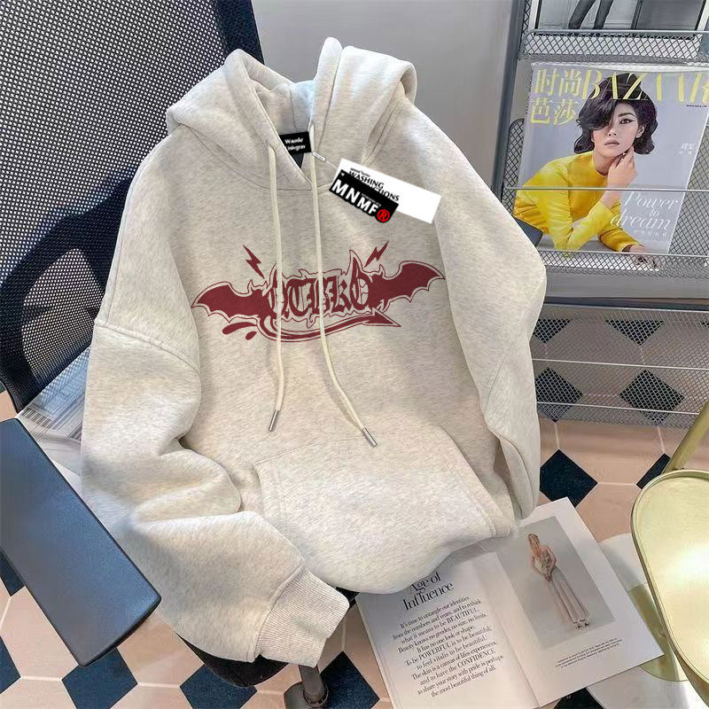 秋冬新款趣味蝙蝠恶魔字母印花男女童连帽卫衣中学生宽松百搭上衣
