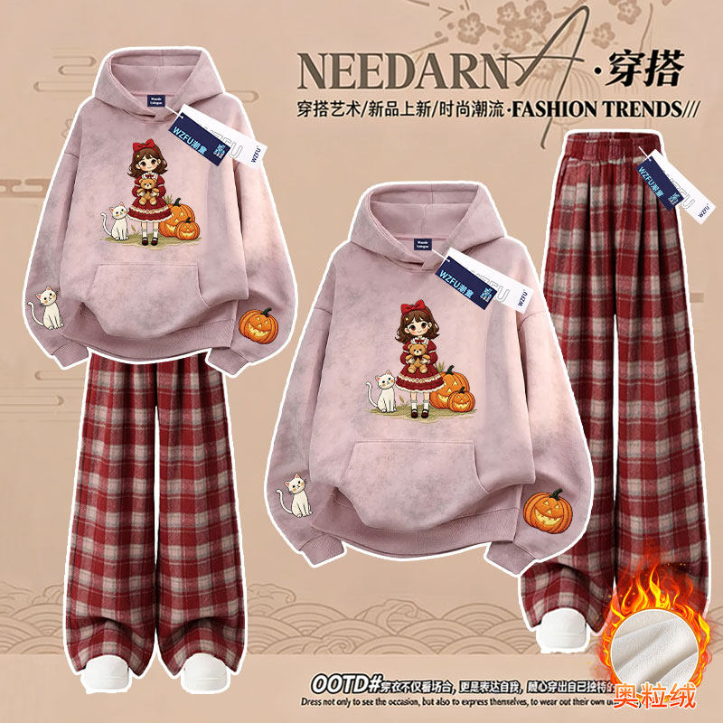 2026秋冬新款女童加绒扎染连帽卫衣格子长裤仿刺绣女孩中大童套装