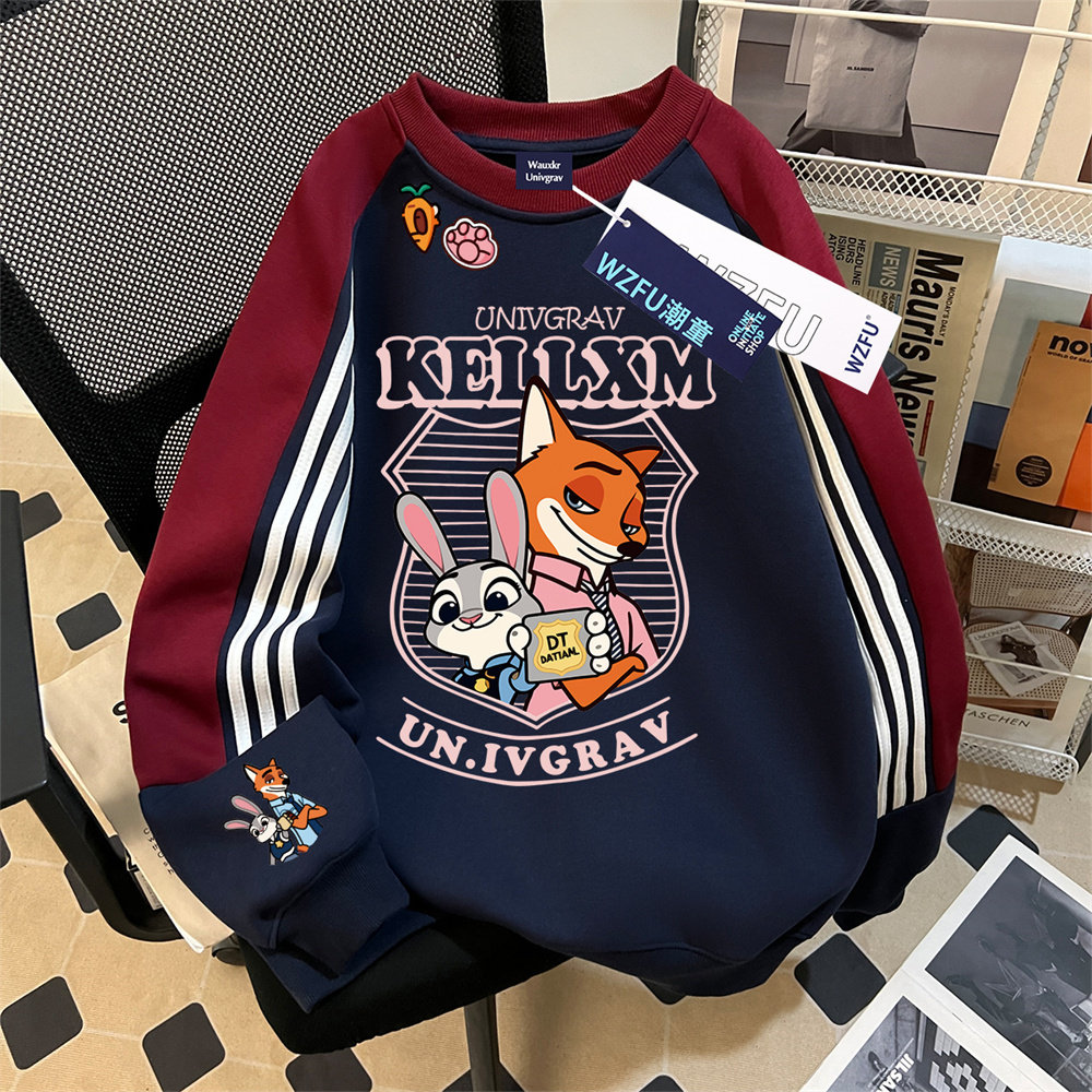 仿刺绣疯狂动物城女童加绒插肩三条杠圆领卫衣初中生百搭童装上衣